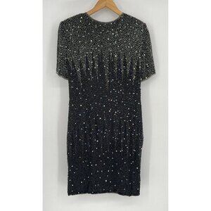 90s Stenay Black Silk Beaded Sequin Evening Dress Small‎ Homecoming Prom Vintage